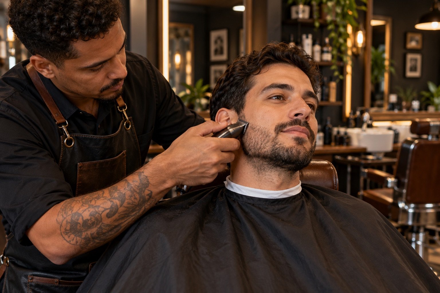 Barbeiro aparando barba com crescimento irregular