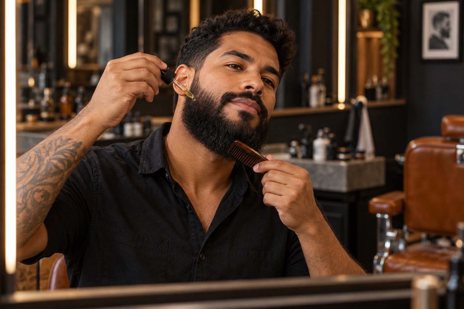 Homem aplicando óleo e penteando a barba em barbearia